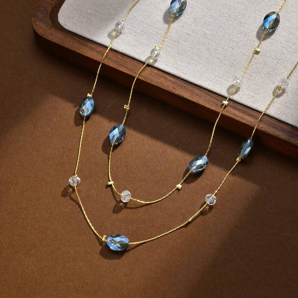 Long Blue Crystal Necklaces for Women, Layered Long Statement Necklace CZ Stone, Sweater Chain Jewelry