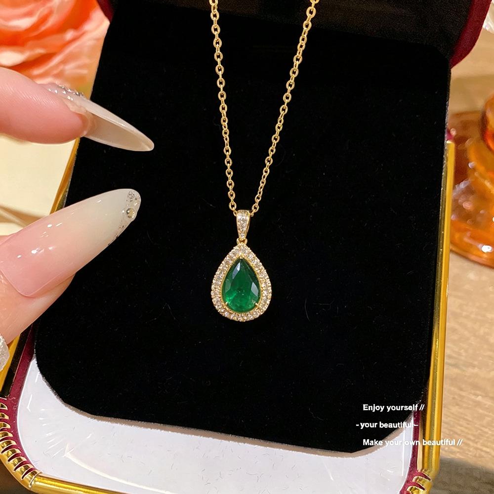 Emerald Water Drop Zircon Pendant Necklace - Exquisite INS Style Luxury Clavicle Chain