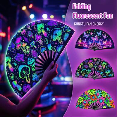 UV Glow Kung Fu Fan Fluorescent Portable Handheld Fan Large Folding Hand Fan  Performance