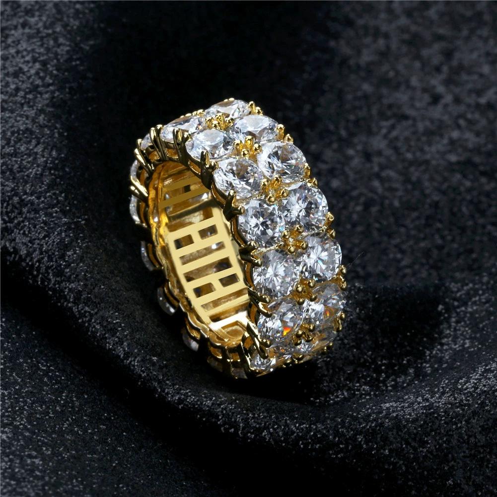 18K Gold Double Row Zircon Hip-Hop Ring - Trendy European & American Style, Full Diamond Men's Jewelry