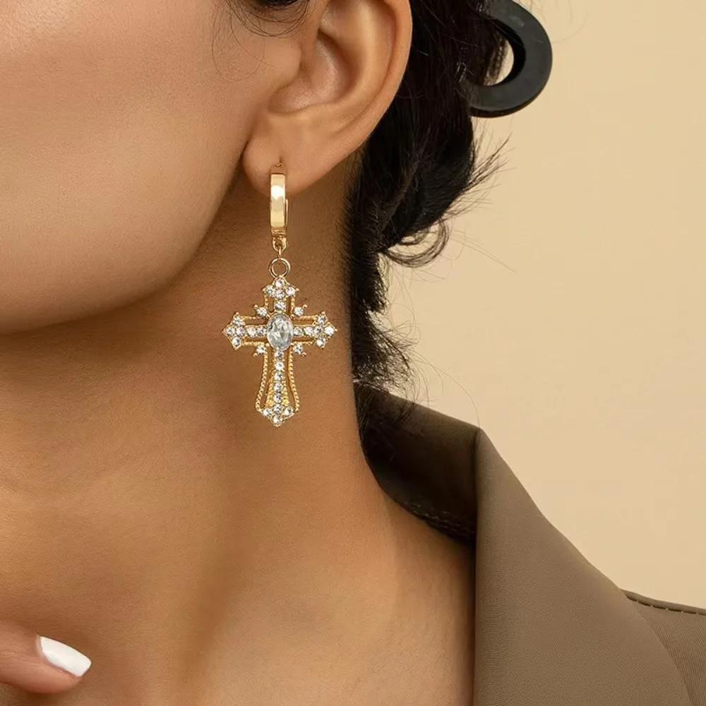 Sparkling Rhinestone Cross Pendant Hoop  Zirconium Stud Earrings Men and Women Punk Hip-hop  Jewelry Y2k