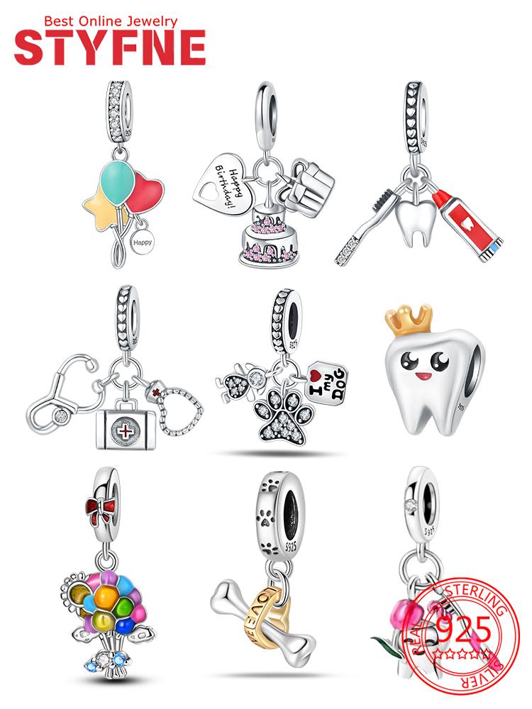 Balloon Birthday Cake Bone Tooth Stethoscope Beads Copper Charms Pendant Fit Women Original Bracelet Diy Fine Jewelry Gift