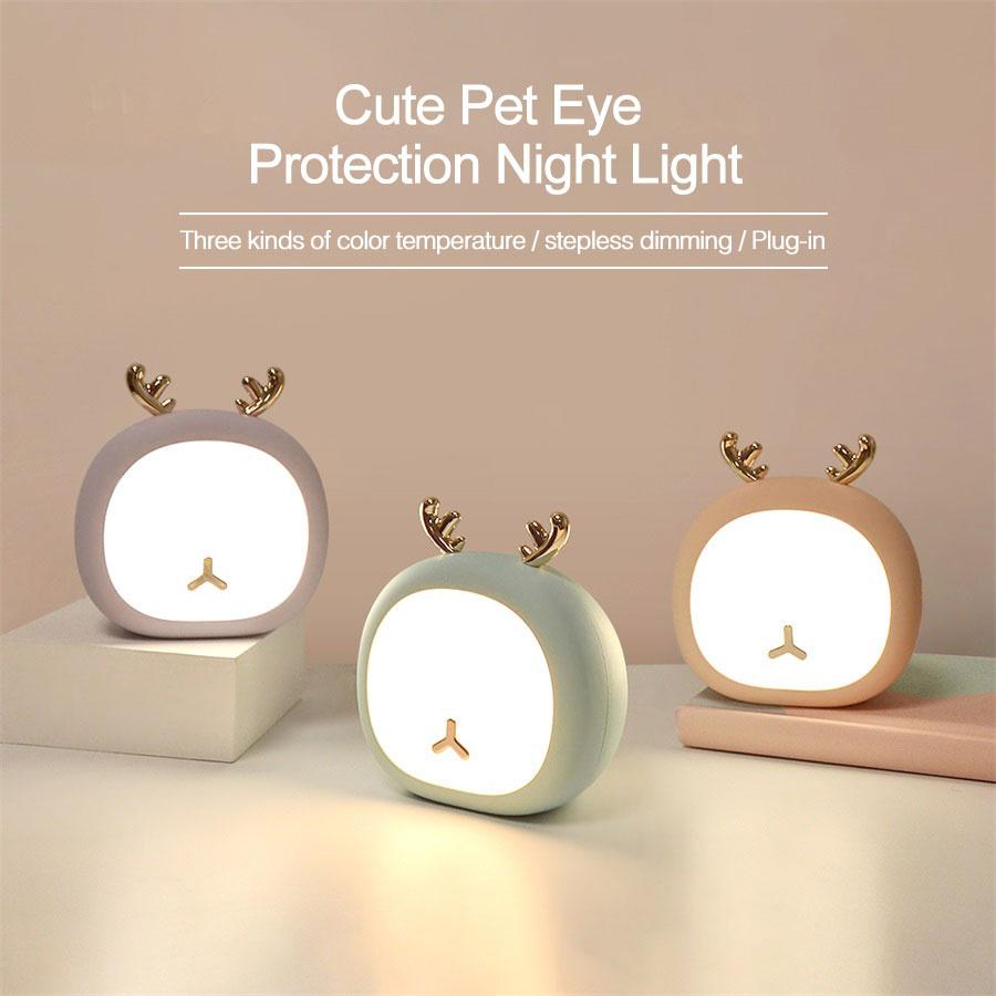 Cute LED Pet Night Lights for Kids Deer Rabbit Nursery Table Lamp 3 Brightness Dimmable USB Rechargeable Bedside Light Baby Gift