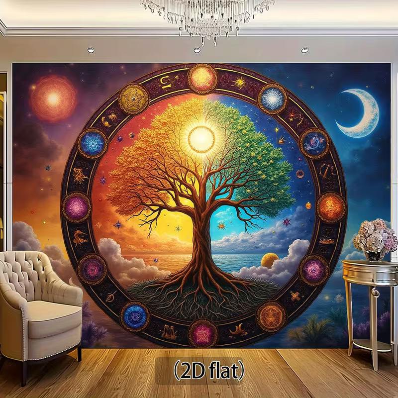 2D Astrology Tree Backdrop, Celestial Wheel Background for Mystical & Wiccan Events
