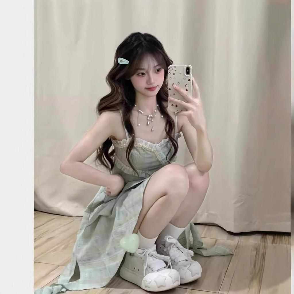 Sweet Spice Girl Lotus Leaf Sling Dress Fairy Summer Floral Skirt Irregular Temperament Seaside Beach Dress