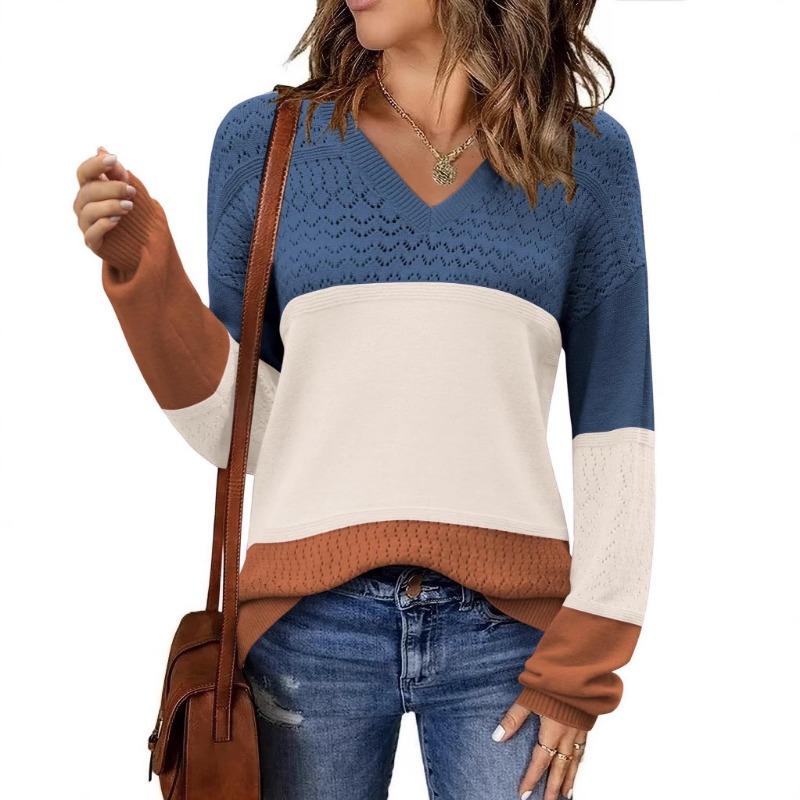 New Style Sweater Contrasting Color Solid Color V-neck Hollow Pullover for Women