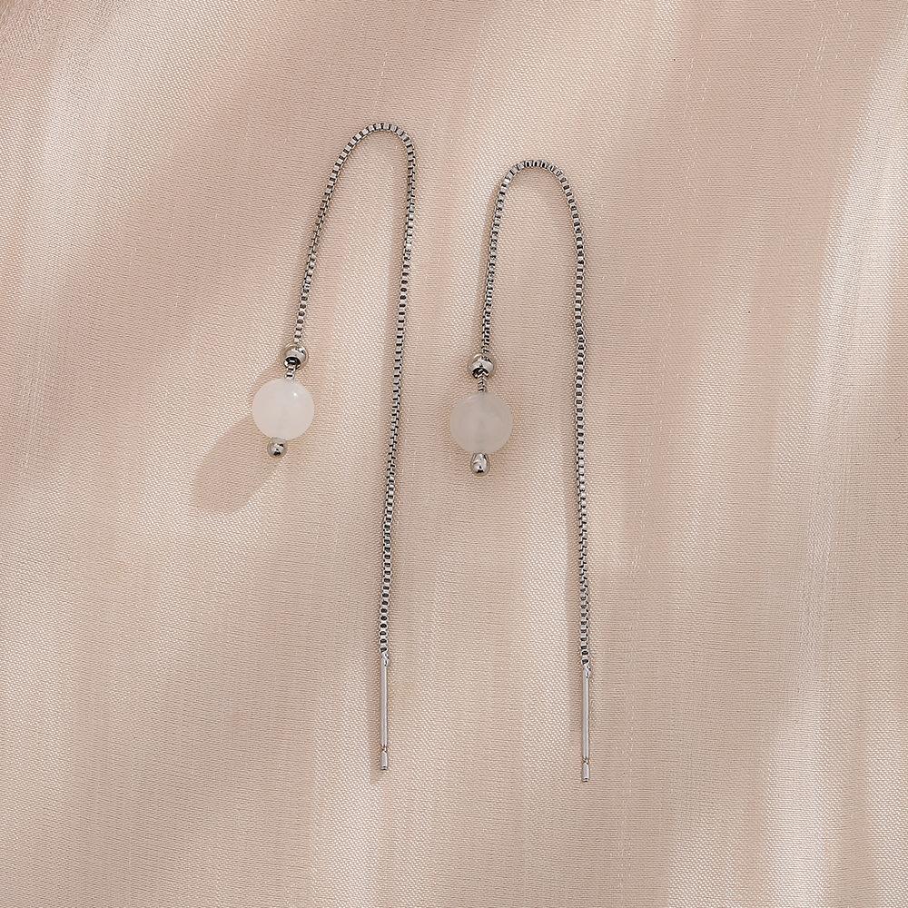 Hetian White Jade Earrings Chinese-Style Long Fringed Earrings Atmospheric Simple Classical Round Bead Jade Earrings