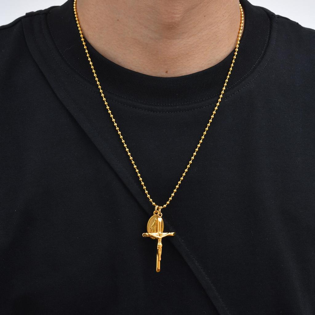 Vnox Cross Oval Virgin Mary Pendant Necklace for Men Women, Gold Plated Stainless Steel Religious Faith Adjustable Necklaces New