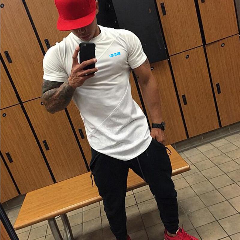 Muscleguys Nuovi Top Stampati da Uomo Patchwork Cotone&Mesh T-shirt Fitness Bodybuilding Manica Corta Traspirante Allenamento Abbigliamento da Palestra