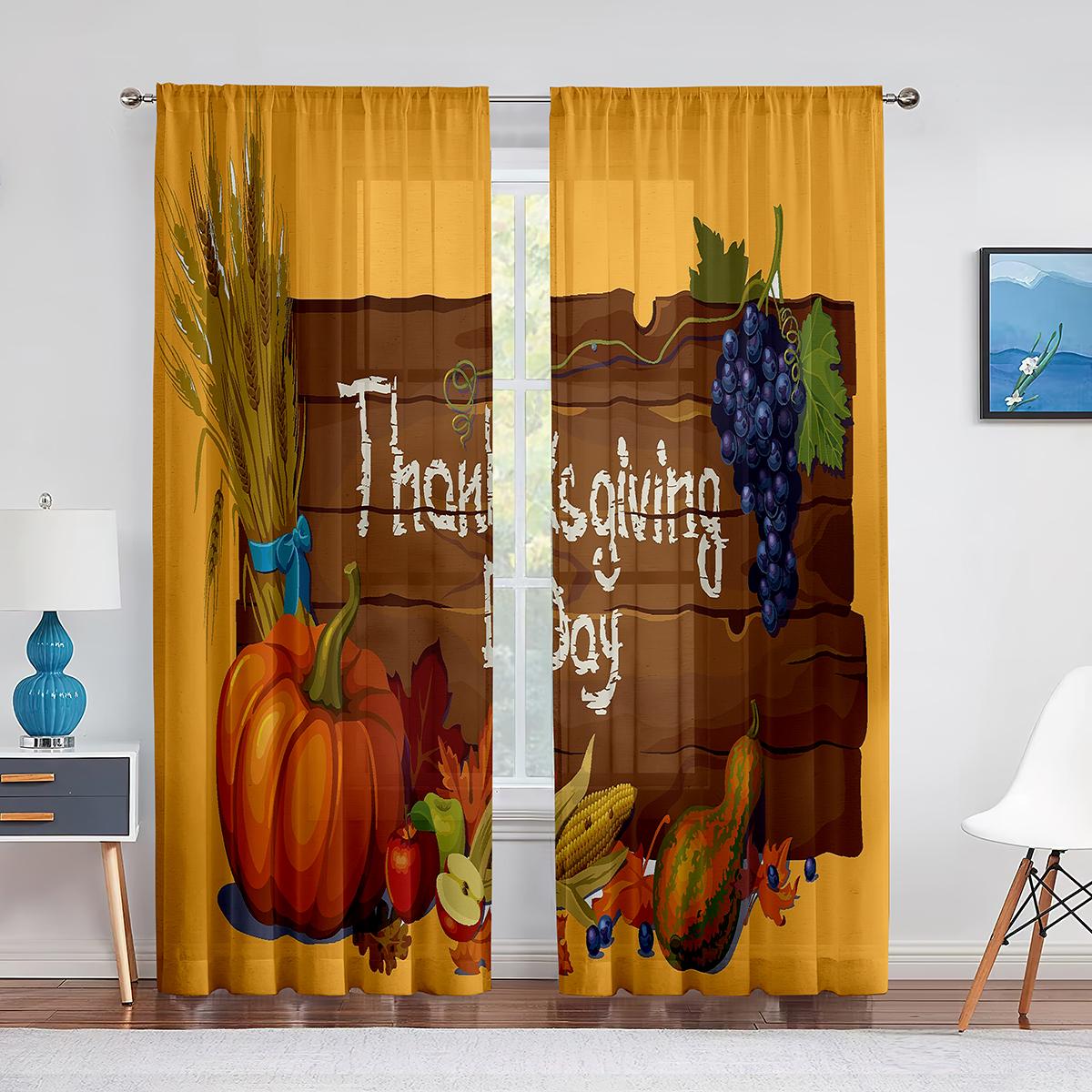 

Прозрачные занавески на День благодарения в деревенском осеннем стиле с деревянным фоном для гостиной, зала, стены, платья, домашнего окна, тюлевые шторы с принтом 1 PCS W100XH250cm&Grommet Top