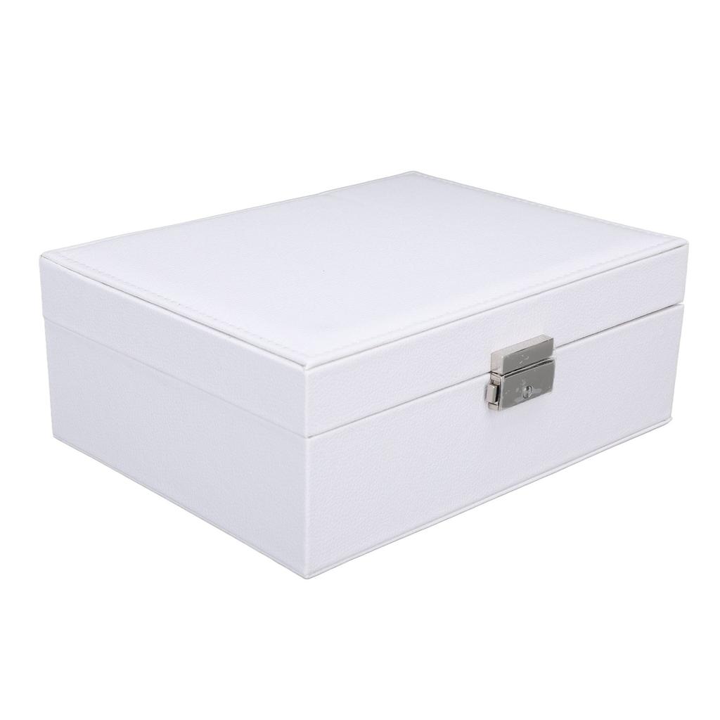 Jewelry Storage Box White Wood Large Capacity 2 Layer Multiple Compartments PU Leather Portable