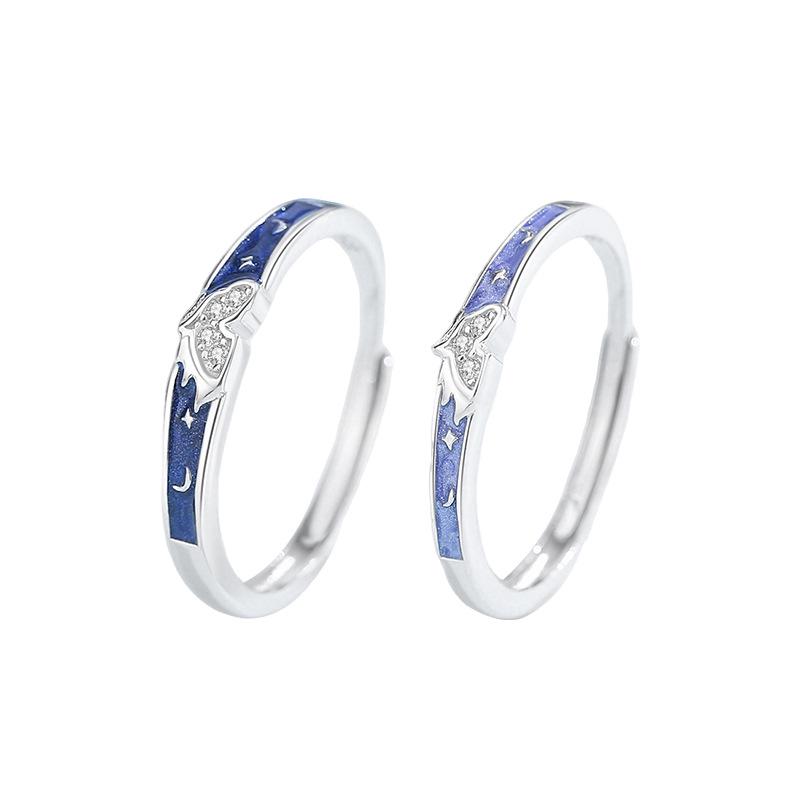 Tichya Original Zodiac Horse Couple Rings: Star Moon Design, S925 Sterling Silver, Enamel Finish, Adjustable Size.