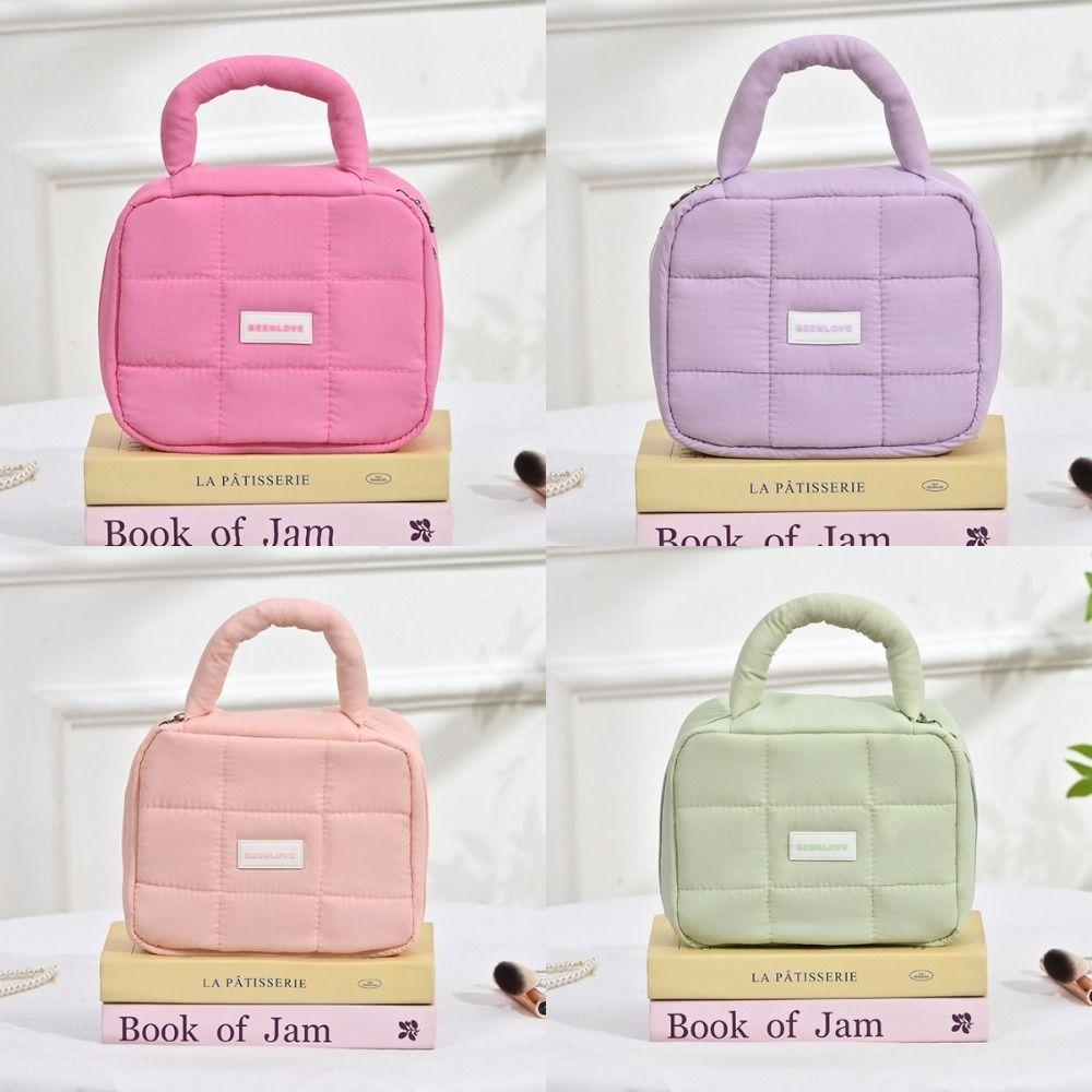 Large Capacity Hand-held Makeup Bag Quilted Portable Toiletry Bag Puff Square Cosmetic Bag  Home