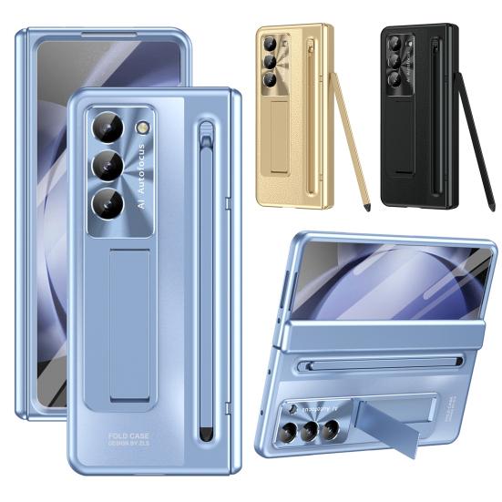 Phone Case for Samsung Z Fold 6 PC Shell with Pen Slot Spring Hinge Protection & Integrated Kickstand Full-Body Cover with Tempered Glass Screen Guard