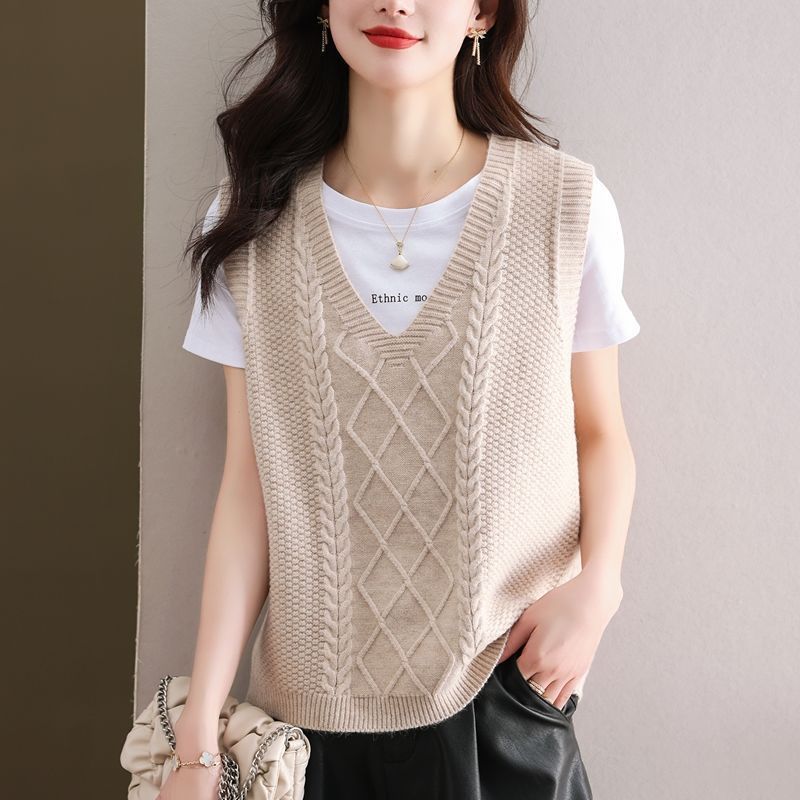 Pevná Vesta s copánkovým vzorem s výstřihem do V, Vintage bezrukávový volný svetr, Dámské oblečení