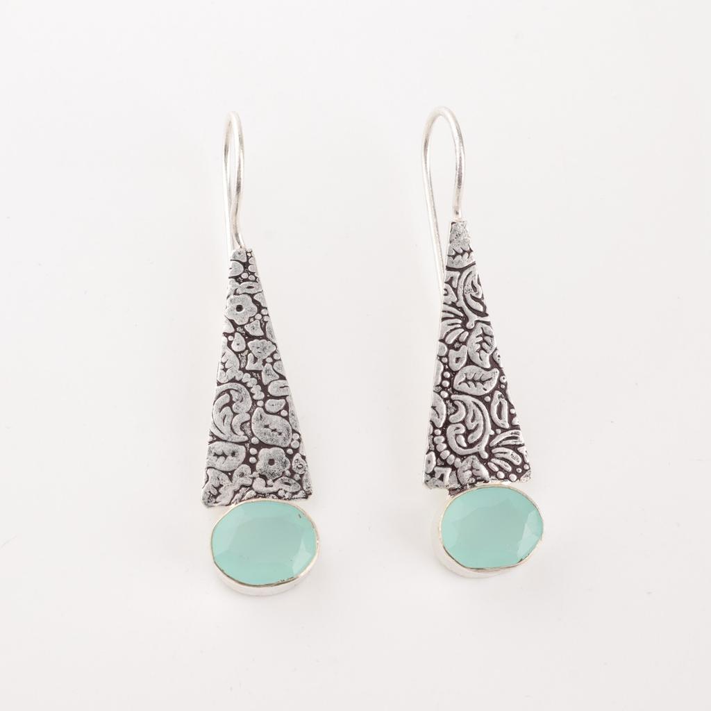 Gemma di Calcedonio Acquamarina Naturale Gioielli in Argento Sterling 925 Orecchini Fatti a Mano 1.9" EE-165-19