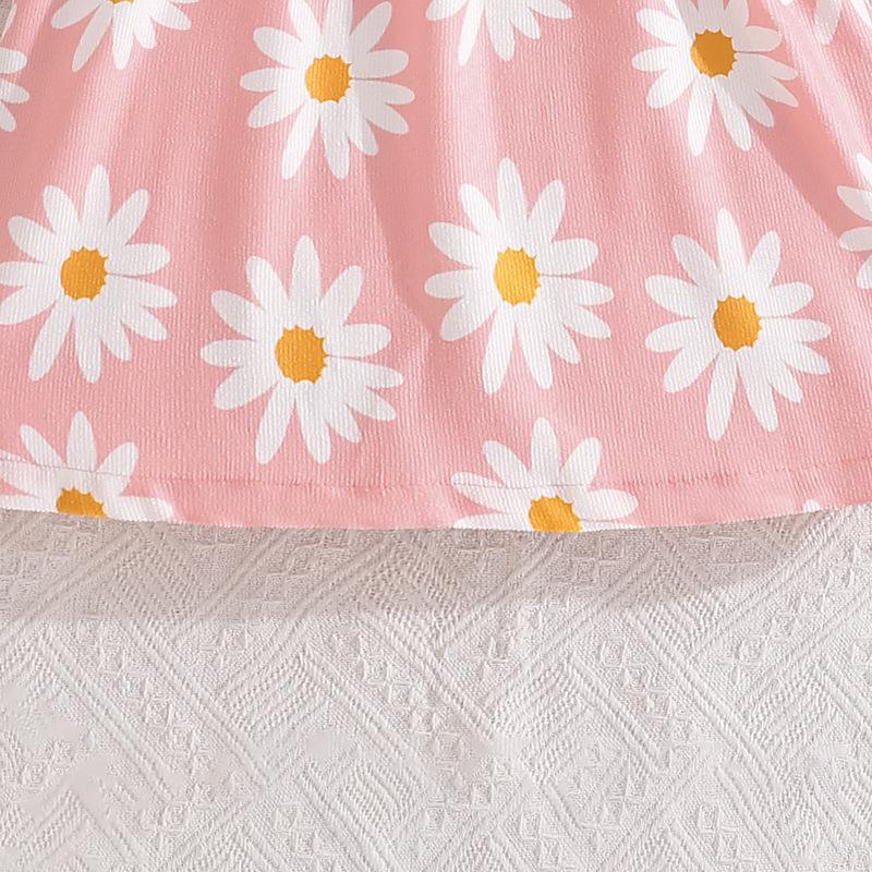 Girls' Outfit Children's Clothing Summer New Ribbed Long Sleeve Top Printed Strap Dress Two-Piece Set