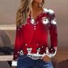 Women's T Shirt Tee Christmas Printed Button Long Sleeve Tunic Daily Weekend Fashion Basic V- Neck Regular Top