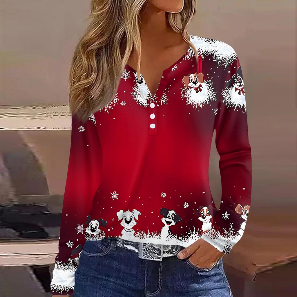 Women's T Shirt Tee Christmas Printed Button Long Sleeve Tunic Daily Weekend Fashion Basic V- Neck Regular Top