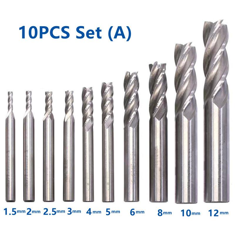10PCS Set Combined HSS End Mill 4 Flutes High Speed Steel Milling Cutter 1.5mm - 12mm CNC Metal Milling Tools Set