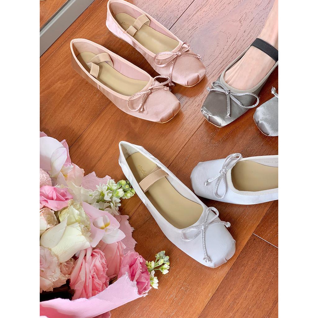 Sheepskin Version of Grape Mother Ballet Mary Jane Shoes Pig Nose Bow Square Round Head Elastic Word with Shallow Mouth Single Shoes