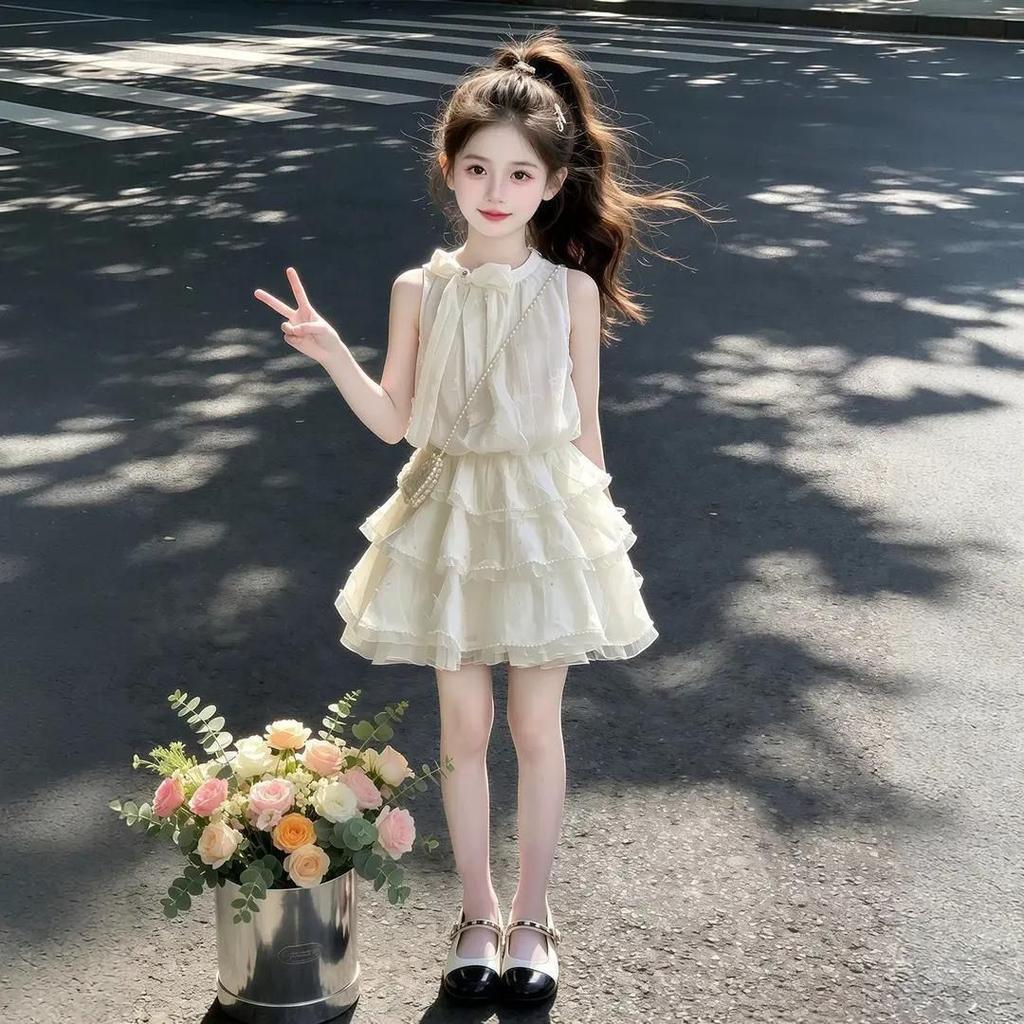 Girls Summer Halter Neck Tank Dress Sweet Tiered Ruffle Dress for Big Kids