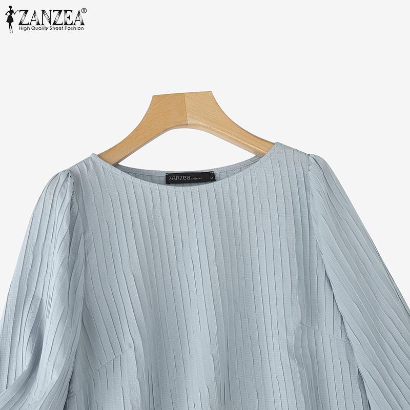 ZANZEA Women Casual O-neck 3/4 Sleeve Loose Pleated Blouse