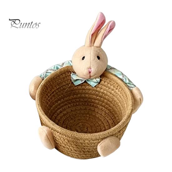 Gentle Color Storage Basket Desktop Basket, Cartoon Plush Bear And Rabbit Rope Decorative Plaid Bow Organizer Shape, Woven for Small Items Jewelry