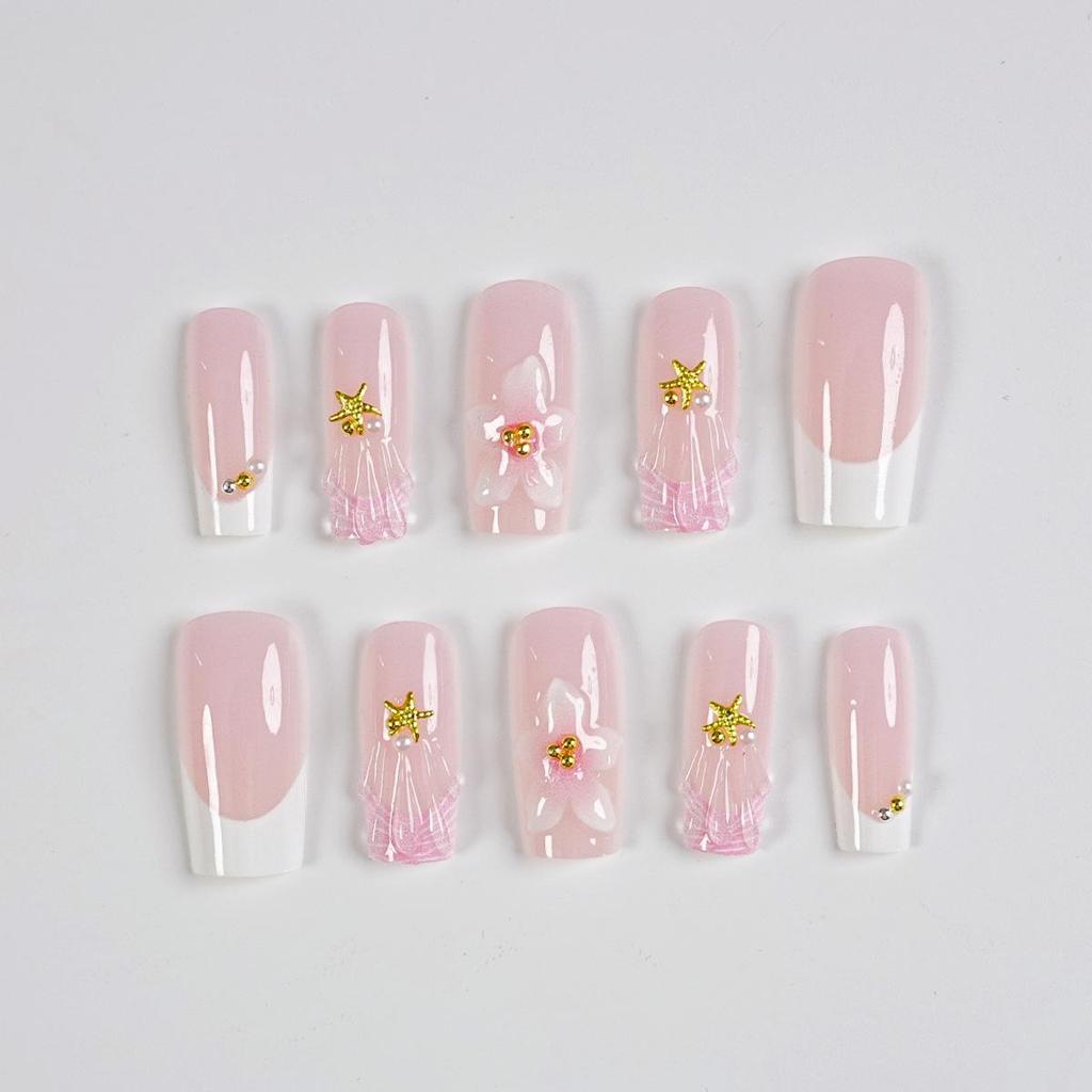 Gentle Pink 3D Flower French Nails with Starfish Gold Accents, Short Square - 24 Pieces