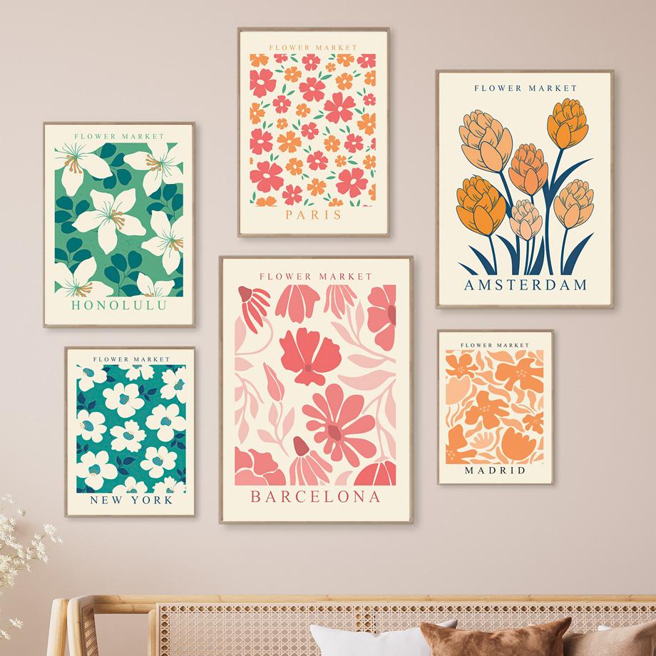 Flower Market Poster Paris London New York Botanical Floral Drawing Wall Art Print Canvas Painting Modern Living Room Home Decor