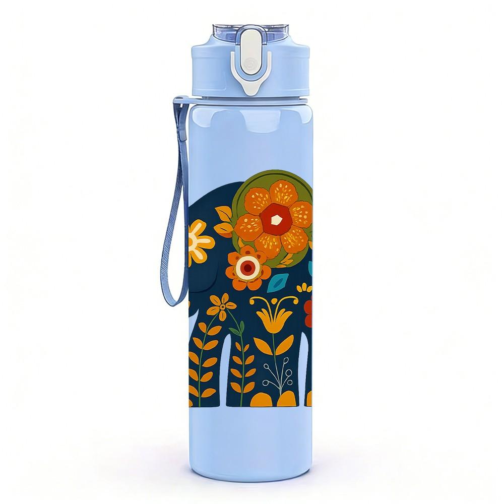 1PC Decorated Asian Elephant Print 750ml Color Plastic Sports Water Bottle Leakproof Flip Straw Lid Suitable for Sports Office Home Use