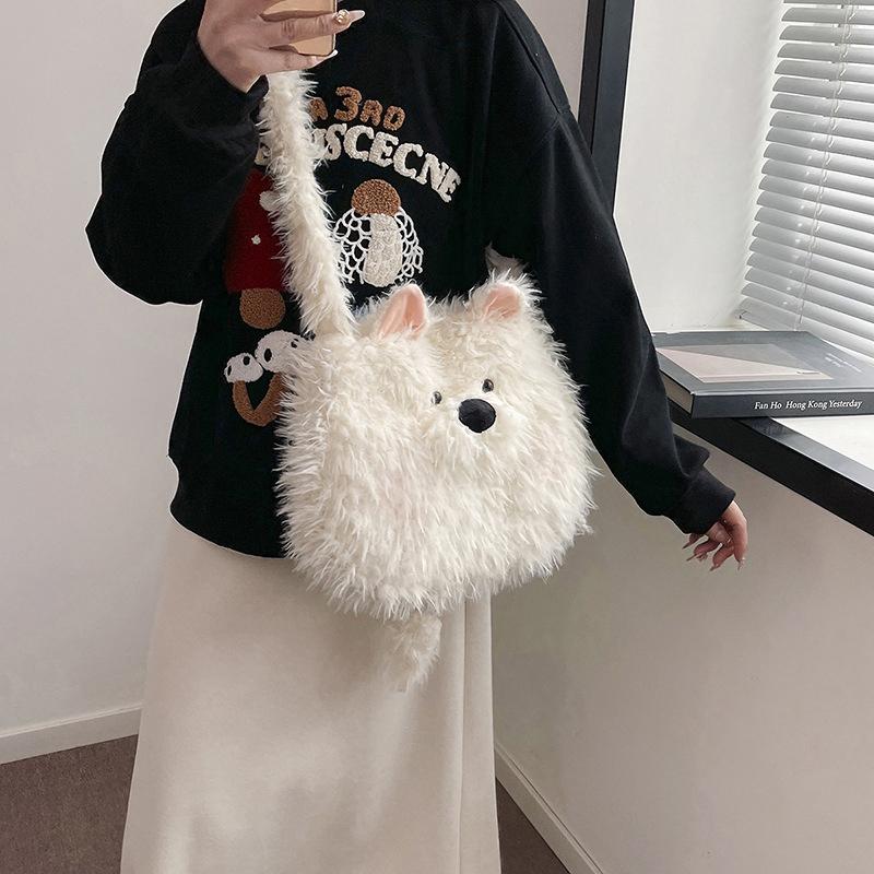 Cute Cartoon Dog Student Shoulder Bags For Women Girls Large Capacity Messenger Bag Simple Sweet Plush Female Handbags Gifts