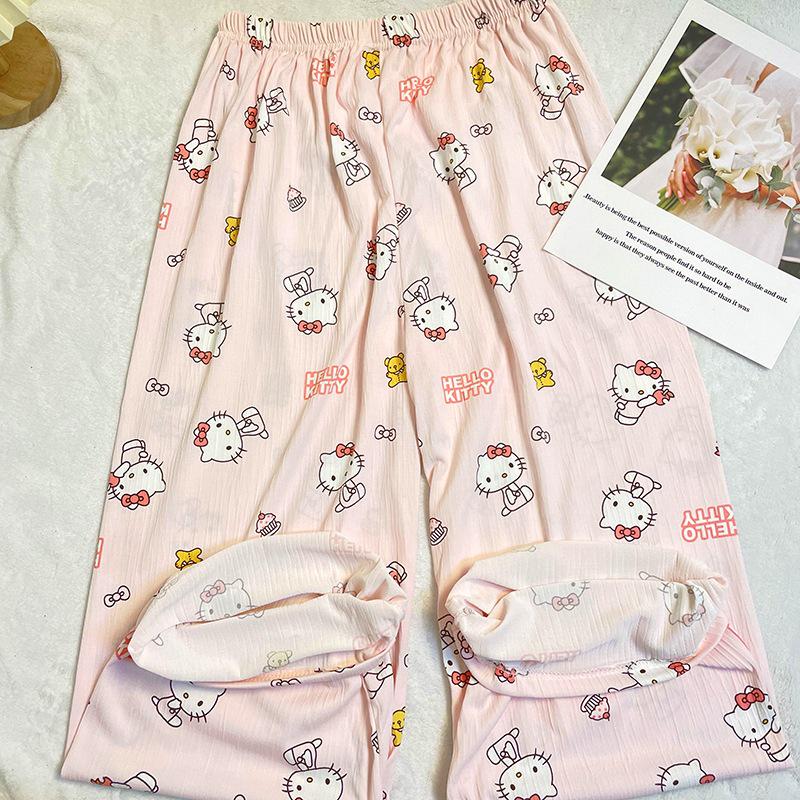 Letnie Spodnie Piżamowe Hello Kitty w Koreańskim Stylu dla Kobiet - Urocze, Luźne i Nadające Się do Noszenia na Zewnątrz.