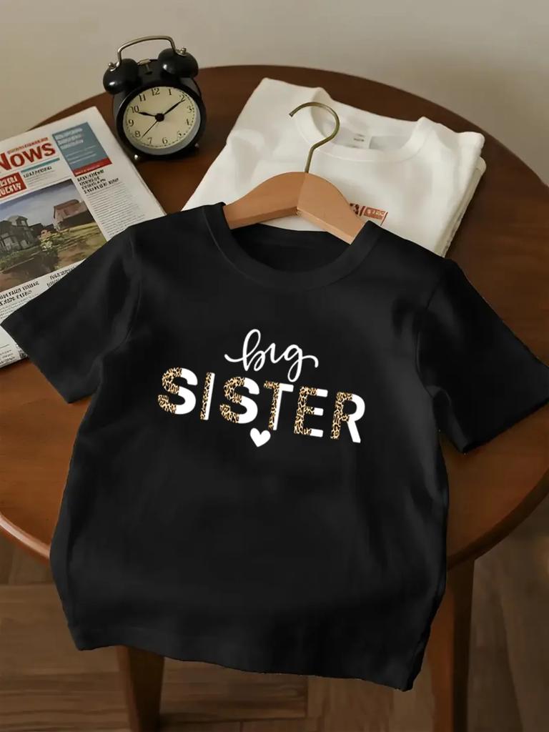 Leopard Print Big Sister Letter Graphic Short Sleeve Tee For Little Girls Crew Neck Lightweight Summer Family Matching Kids Casu