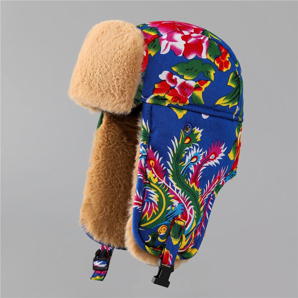 Ethnic Wind Big Flower Northeast Lei Feng Hat Women'S Winter Thickened Velvet Ear Protection Cotton Hat Outdoor Cold Cycling Windproof Hat