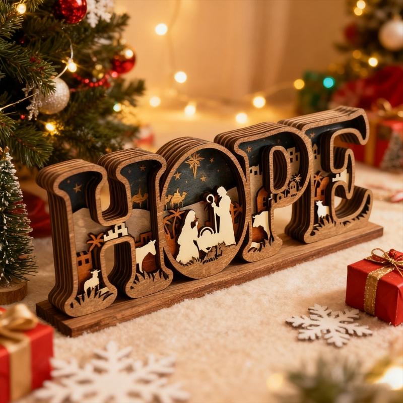 Handcrafted HOPE Letter Wooden Table Sign with Nativity Scene Carved Ornament Home Decors Safe Nontoxic Decoration