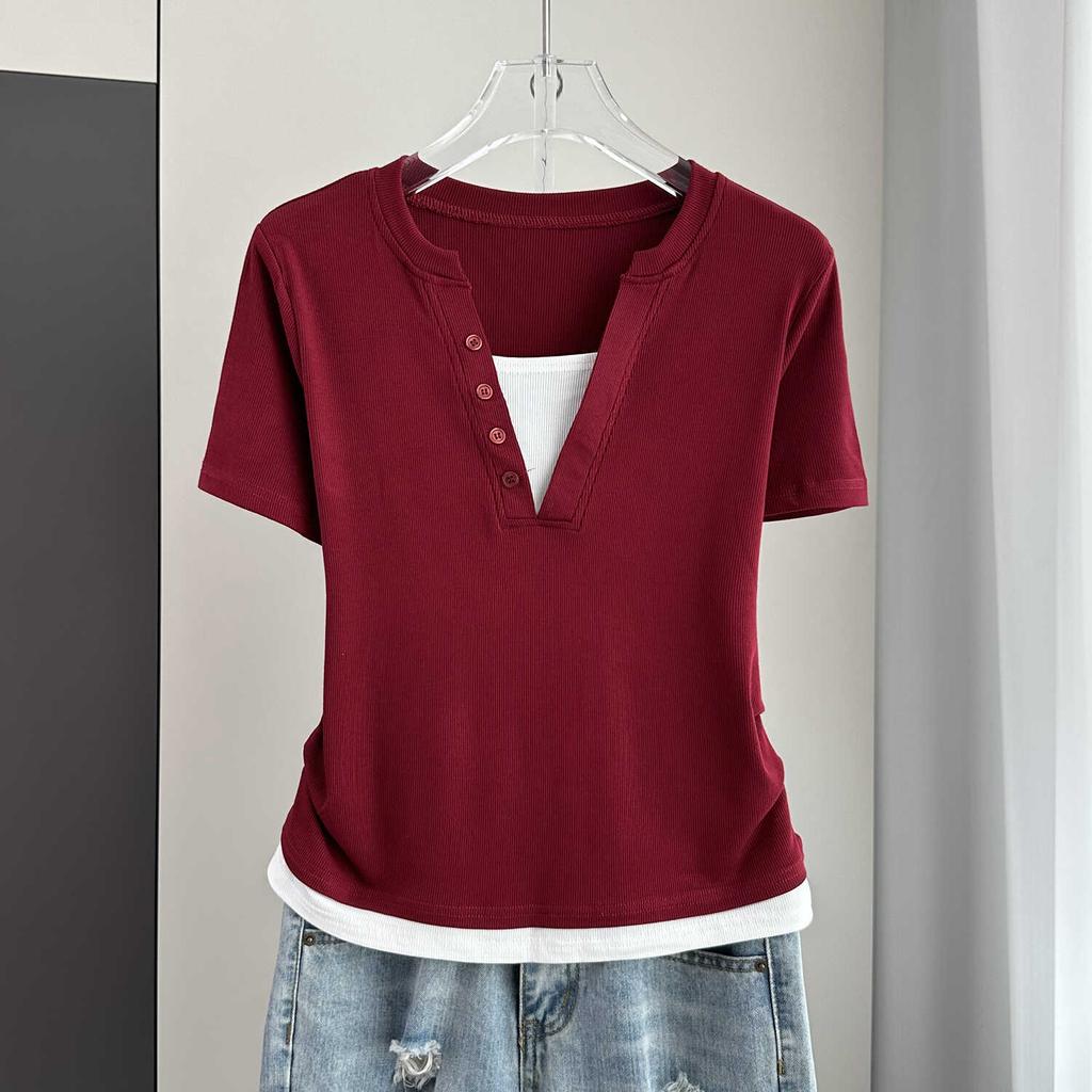 Plus Size V-Neck Short Sleeve Top With Standard Shoulder Slim Fit Lightweight Summer Tee Versatile Breathable Soft Material Flattering Slim Women Top