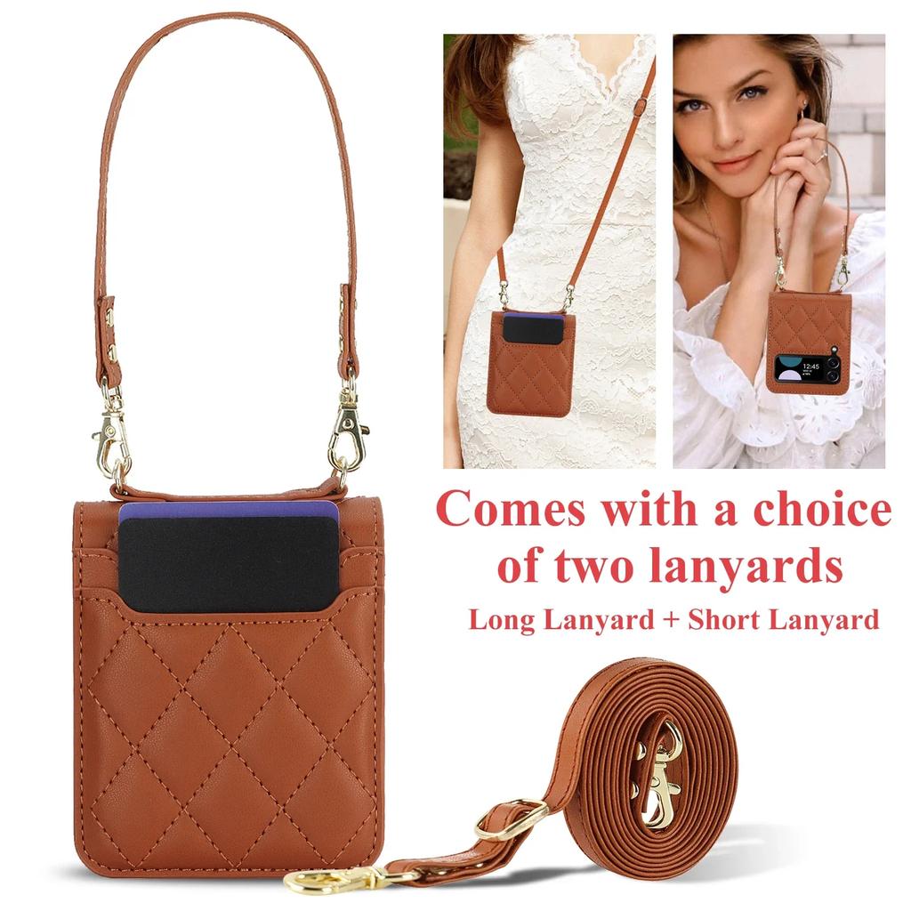 Lanyard Cards Solt Leather Wallet Case For Samsung Galaxy Z Flip 6 5 4 3 5G Flip5 Flip6 Purse Bag Crossbody Strap Pocket Cover