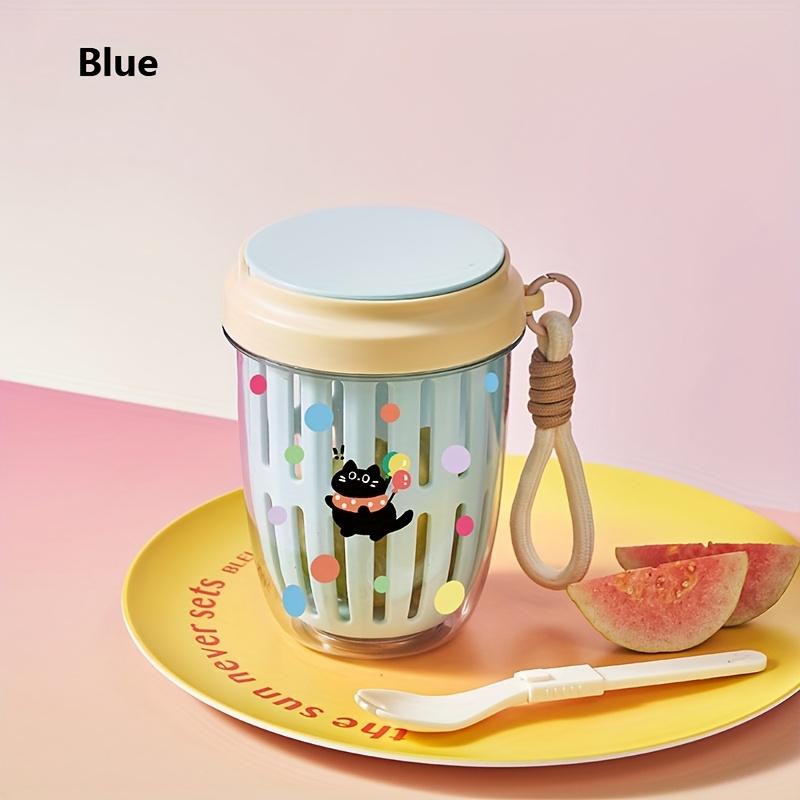1pc Leak Proof Portable Salad Cup with Fork Large Capacity Drainable Fruit Container,Ventilation Holes Colorful Cartoon Design for Office,School