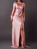 2026 Summer New European and American Women's Clothing Diagonal Collar Shoulder Sleeve Pleated Waist Split Sexy Dress