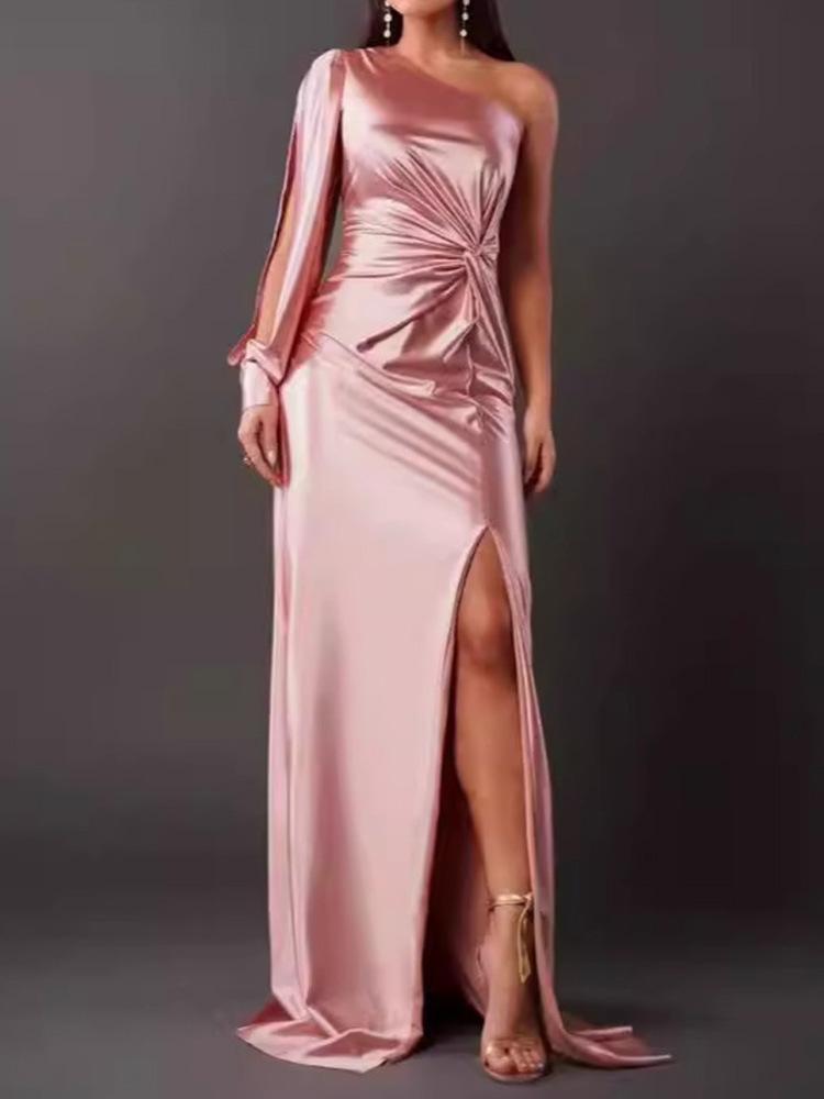 2026 Summer New European and American Women's Clothing Diagonal Collar Shoulder Sleeve Pleated Waist Split Sexy Dress