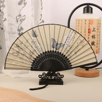 Silk Material Vintage Silk Folding Fan Folding Vintage Hand Fan Craft Bamboo Frame Classical Chinese Fan Dance Performance