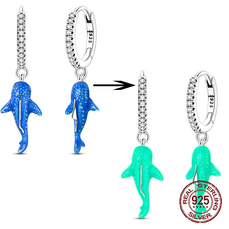 

925 Sterling Silver Luminous Whale Shark Earrings for Women Girl Ear Studs Fine Jewelry Fashion Luxury Anniversary