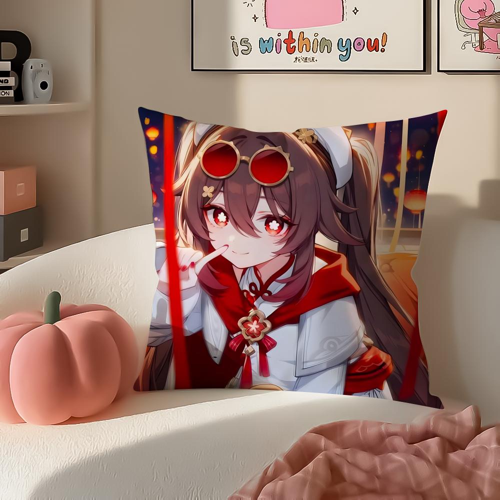 Game Genshin Hu Tao Cushion Cover Pillowcase Short Plush Invisible zipper Room Sofa Cushion Cover