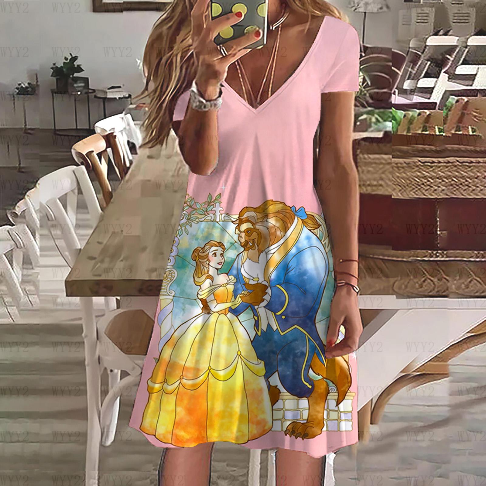 

Новое платье Disney Beauty and the Beast Print Летнее женское платье с V-образным вырезом и коротким рукавом Женская одежда Повседневный уличный стиль M