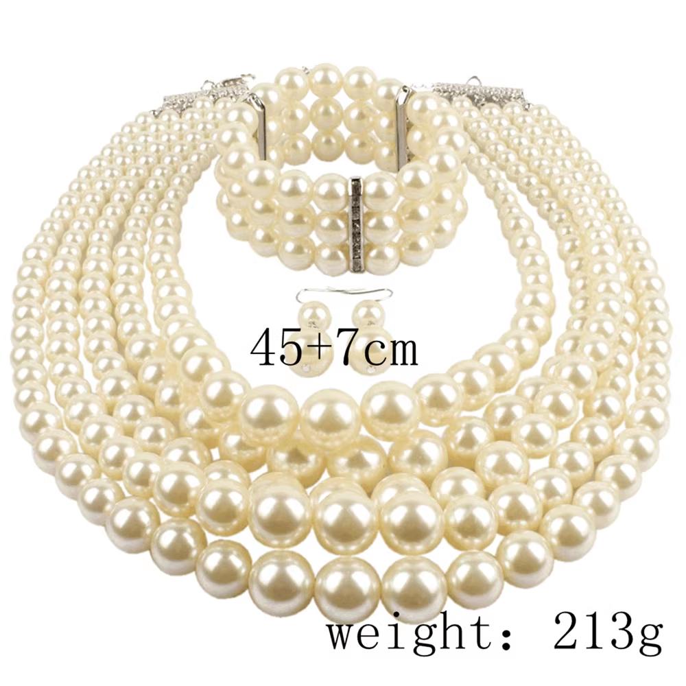 4pcs Trendy Elegant Bridal Zircon Set Imitation Pearl Handmade Beaded Necklace Bracelet Earring Set Women's Party Accessories