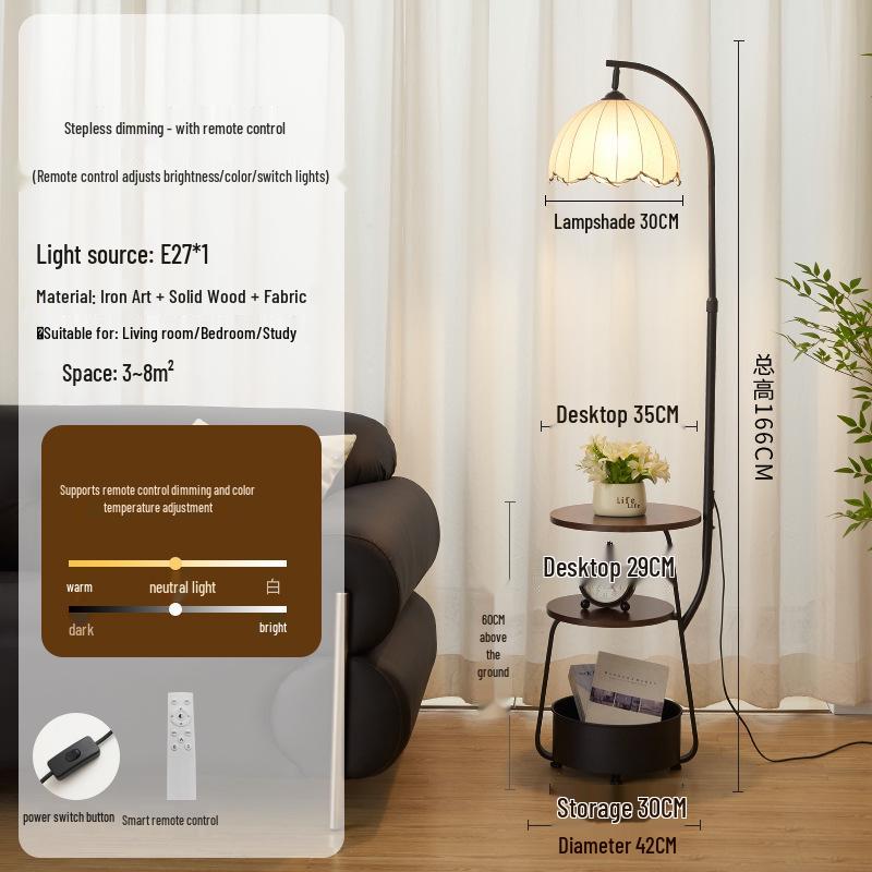 Chinese-Style Floor Lamp for Living Room & Bedside Table with Storage - Integrated Bedroom Atmosphere Decor
