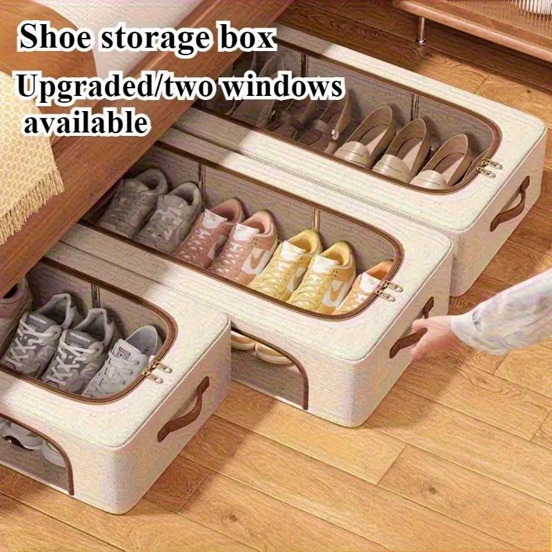 High quality4-Season Foldable Shoe Cabinet with Double Window Doors - Dustproof Stackable Under-Bed Organizer, Space-Saving Closet Storage with Beige