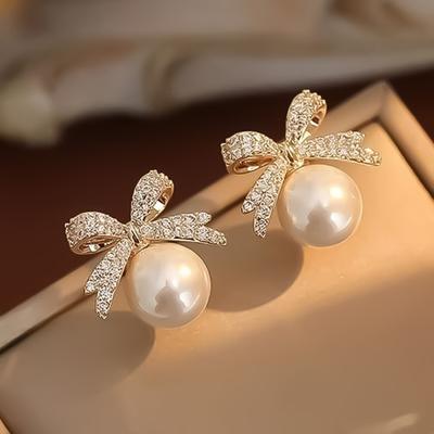 Yousheng Bow Knot Pearl Earrings for Women Girls Rhinestone Stud Earrings Sparkling Diamond Retro Bow Dangle Earrings Gift