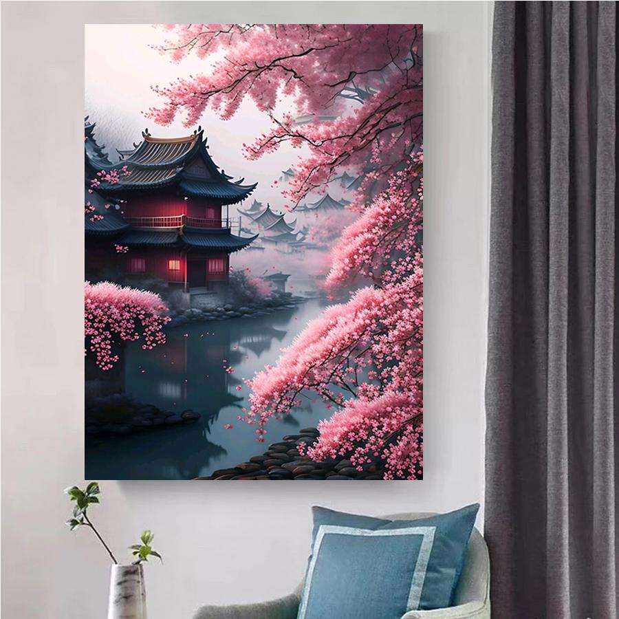 Japanese Cherry Blossoms Diamond Painting New Arrivals Waterfall Temple Landscape Full Rhinestone Embroidery Mosaic Cross Stitch Kits AA4518